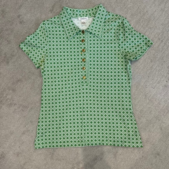 Harold's Green Wicker Print Short Sleeve‎ Polo Shirt Women's Size L Retro Funky - Picture 1 of 8